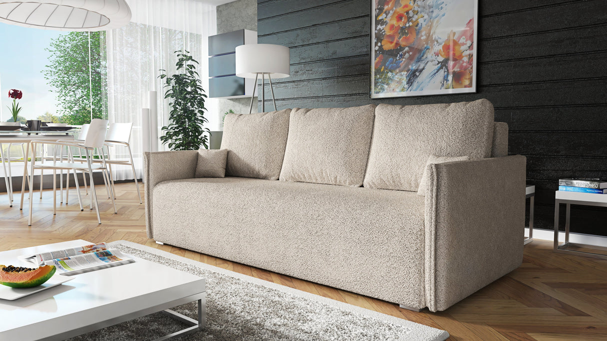 NIEUW! Slaapbank BIANCA 207CM BONELL VEREN + SCHUIM BOUCLE STOF / KLEURKEUZE