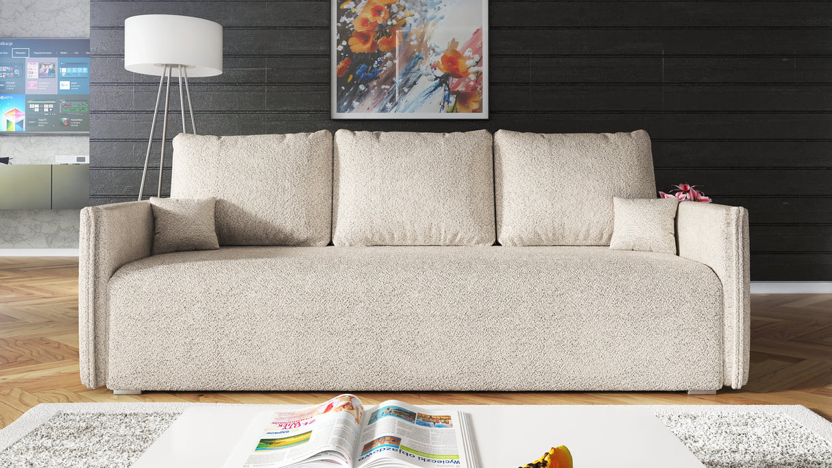 NIEUW! Slaapbank BIANCA 207CM BONELL VEREN + SCHUIM BOUCLE STOF / KLEURKEUZE