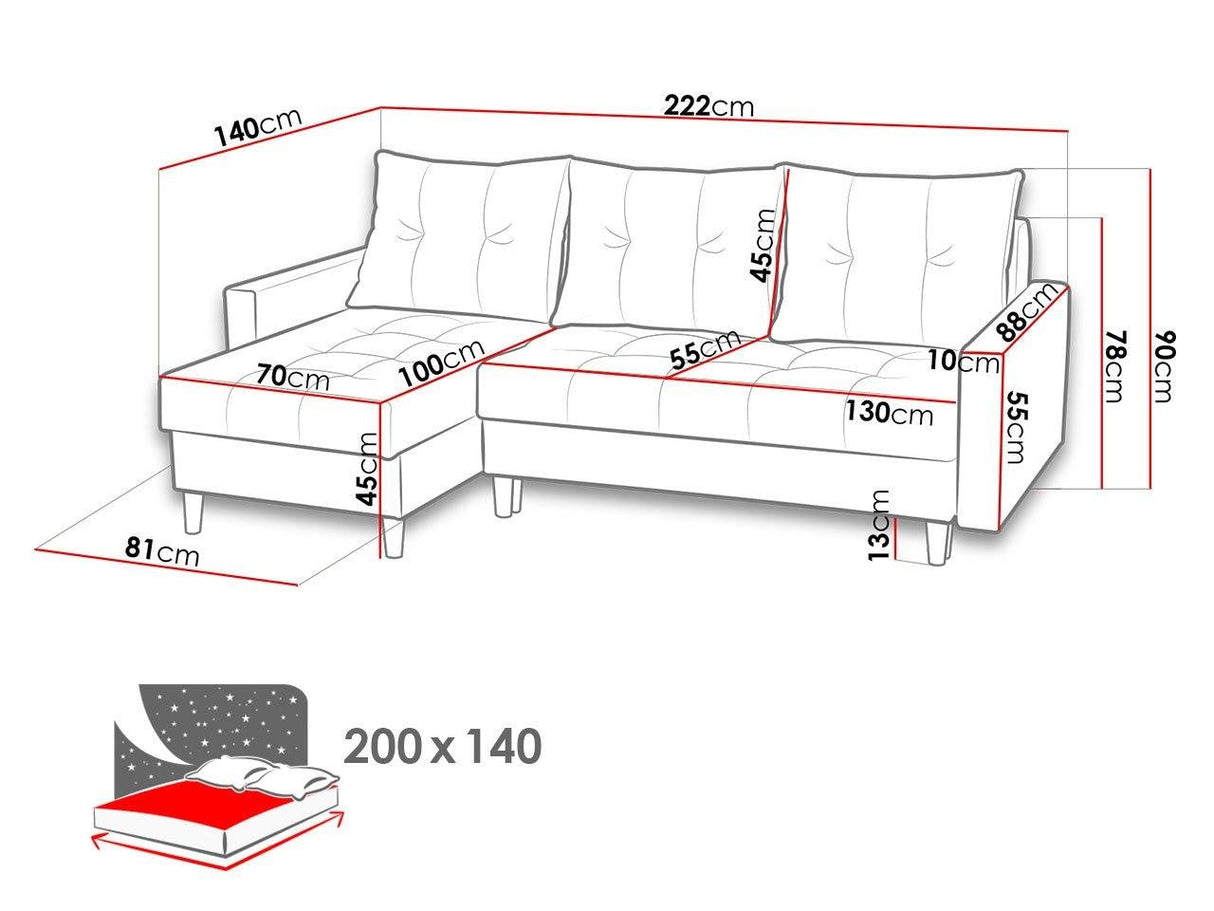 ECKSOFA BETT BRIAN 2X STAURAUM MALMÖ 85 222x140cm universal RECHTE/LINKE ECKE / BONELLFEDERN + SCHAUMSTOFF